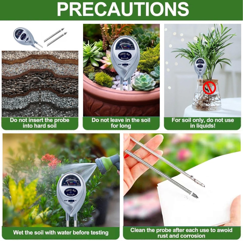 Soil Tester, pH Meter, 3-in-1 Moisture/Light/pH SILVER