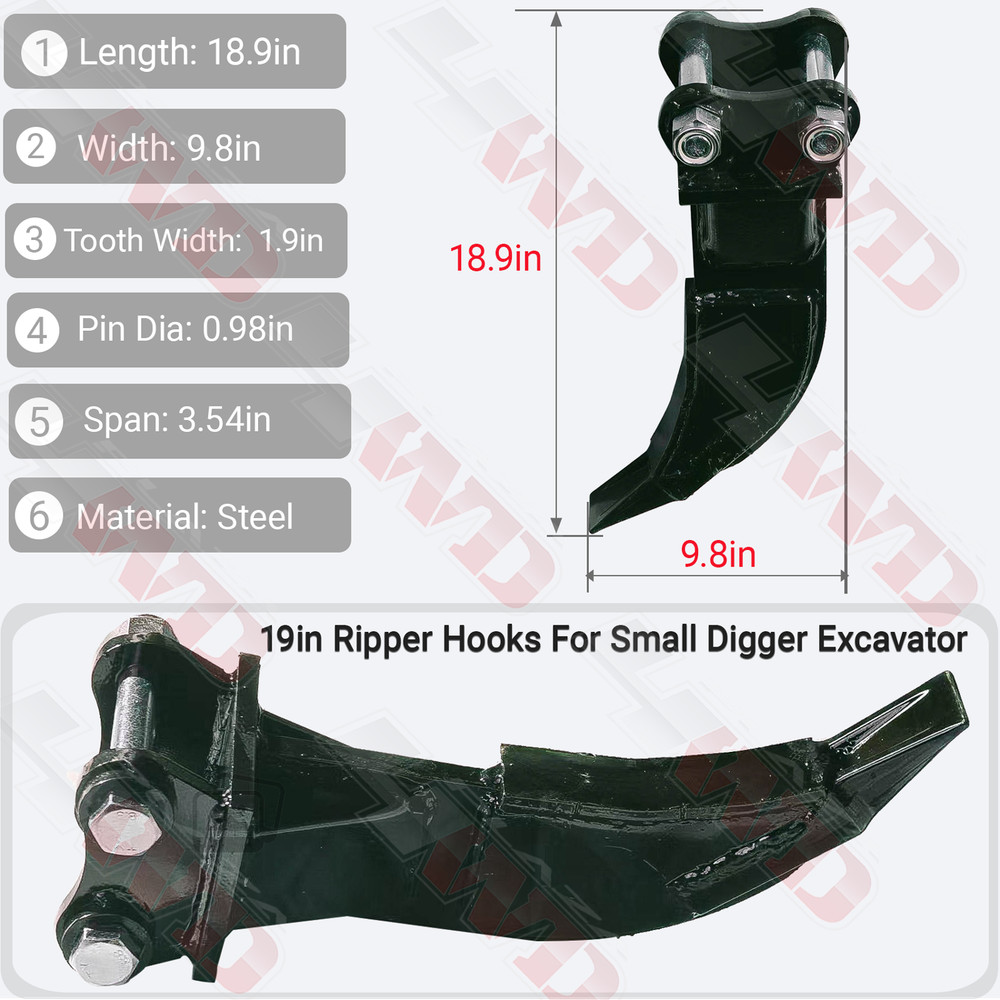 Black 19in Tooth Width Ripper Attachment Hooks For Small Digger Mini Excavator