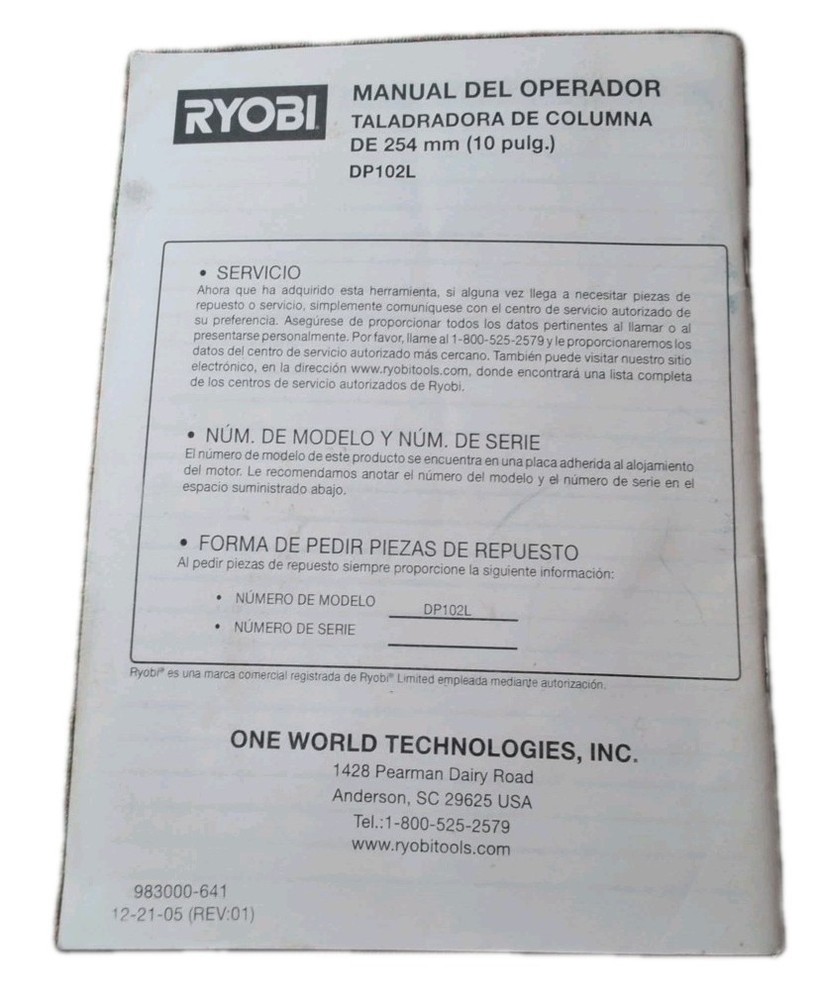 RYOBI 10 in. Drill Press DP102L Operator's Manual