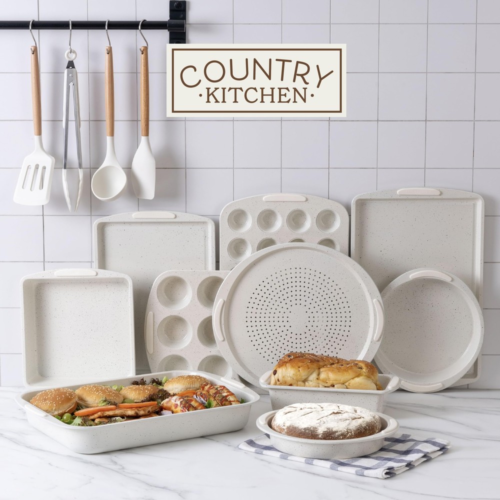 Country Kitchen Nonstick Stackable Bakeware Set - Durable, Easy 14 Pcs, Cream