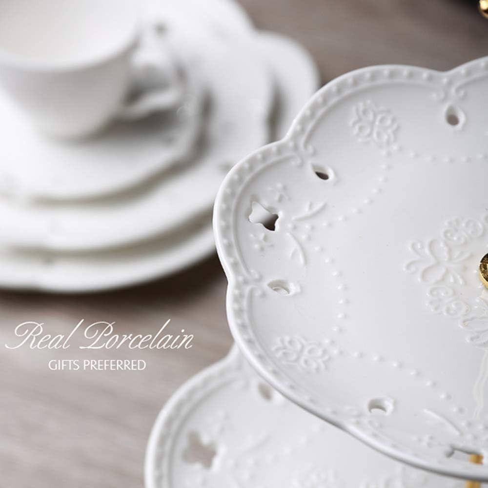 Pure White Ceramic 3-Tier Dessert Tray with Silver Bracket - Easy Assembly