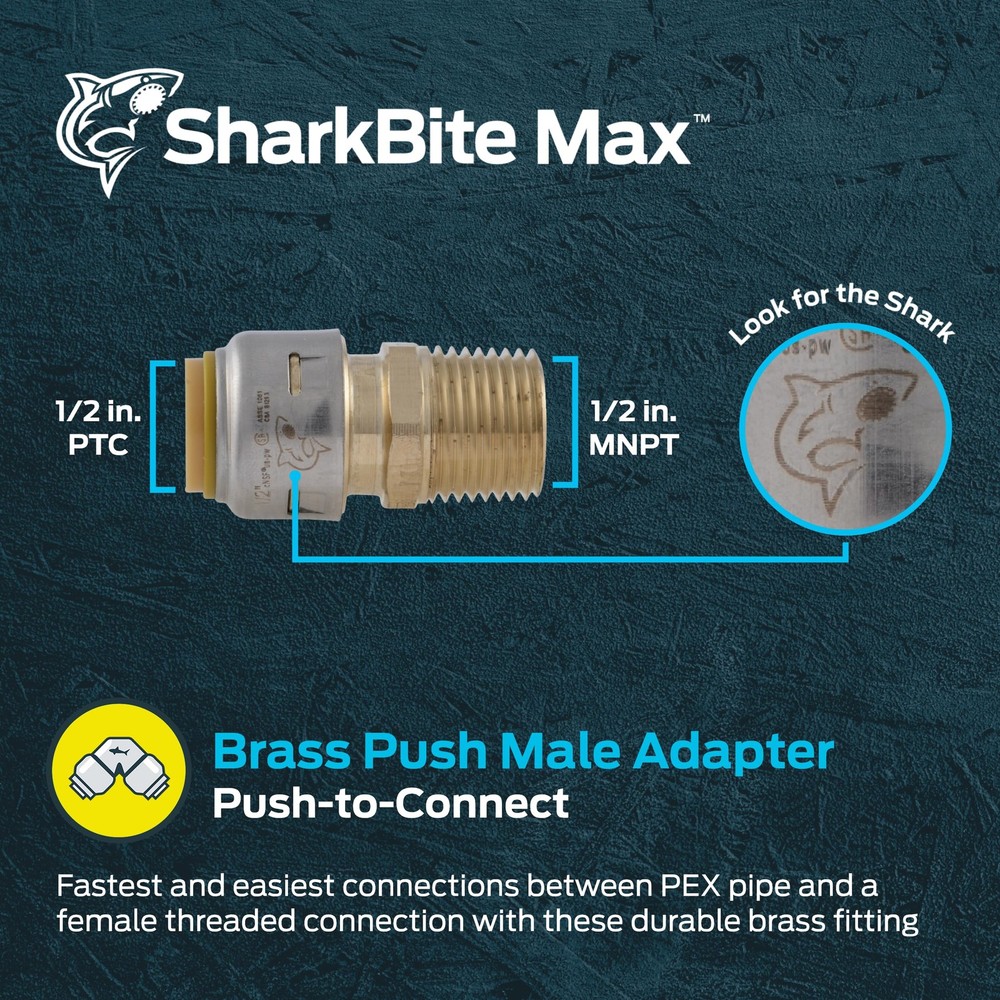 SharkBite Max 1/2 Inch MNPT Adapter, Push to Connect Brass in.,