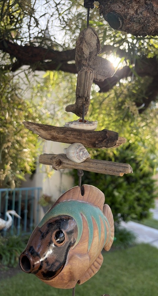 Hazel Olsen Attributed Driftwood Fish Pottery Shells Wind Chime Wall Hanging
