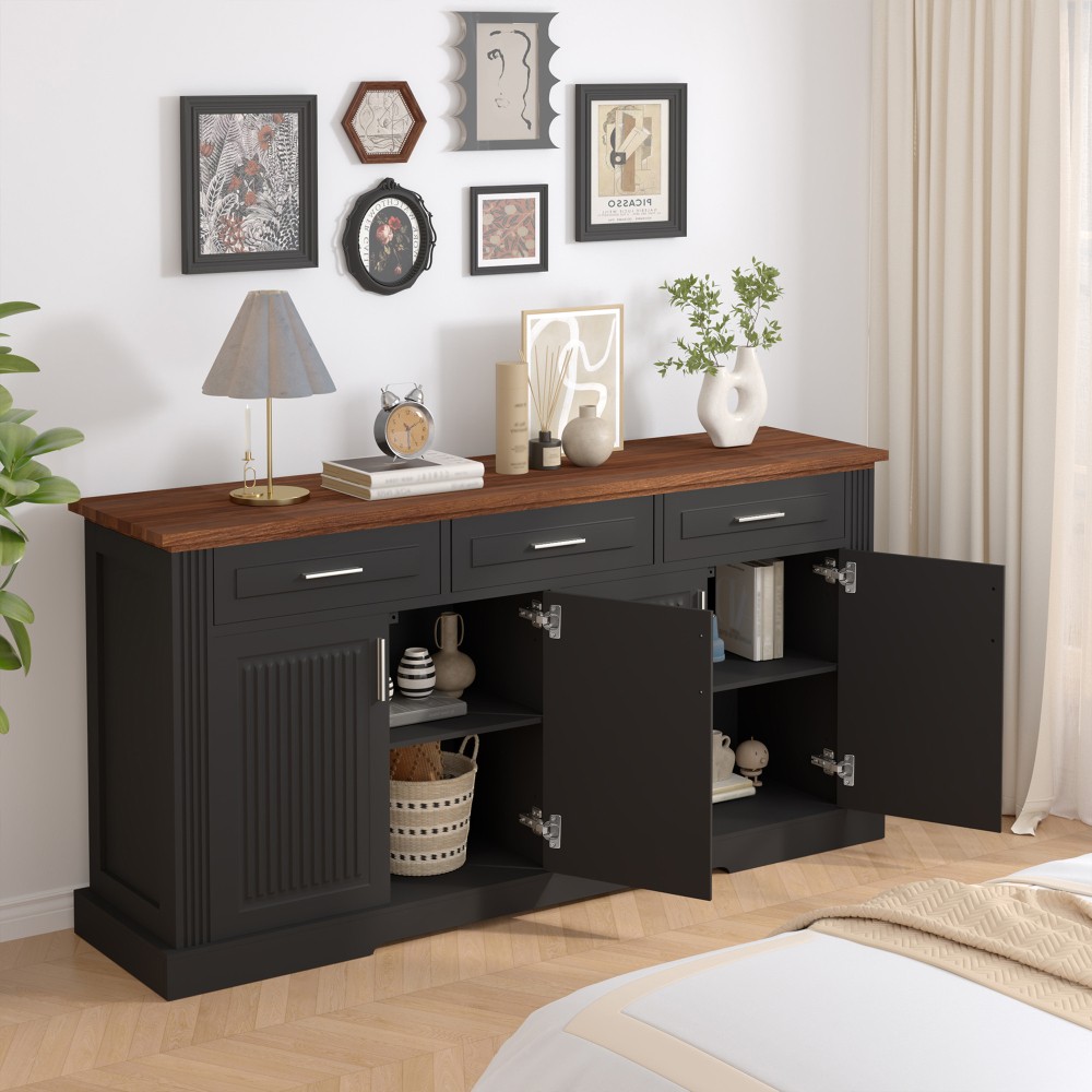 Modern Fluted Sideboard Buffet w/4 Doors & 3 Drawers for Kitchen Dining