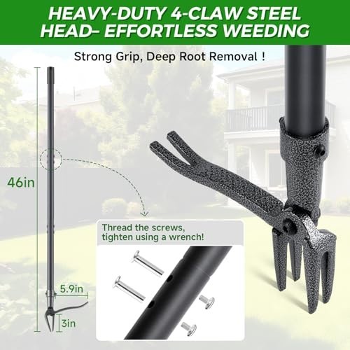 Stand Up Weed Puller Tool - 46" Adjustable Steel Handle & 4-Claw Head, Easy Weed