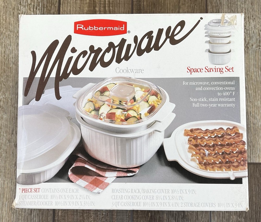 Rubbermaid Microwave Cookware 7 Piece Set White Space Saving Stackable Vintage