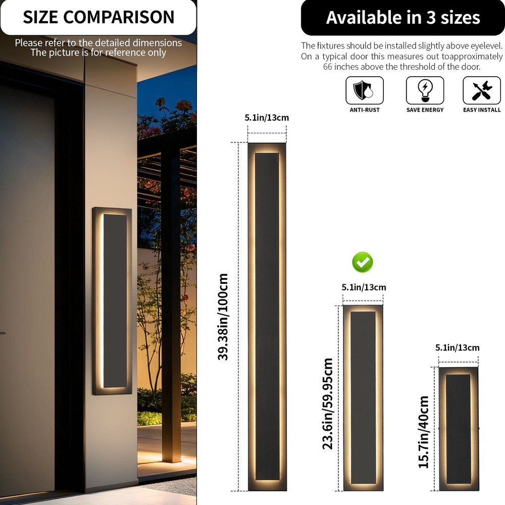 2-Pack 23.6 in. Black Wall Light