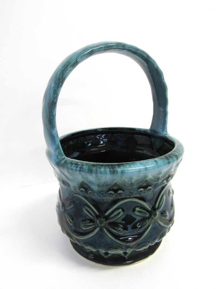 Vintage Hull Pottery Green Drip Basket Planter - EUC
