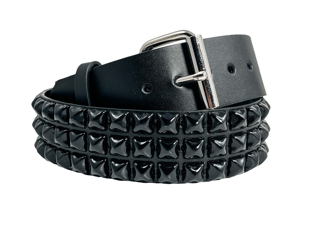 Black Pyramid Stud Belt Genuine Leather Three Row Rock Goth Sid Vicious Punk