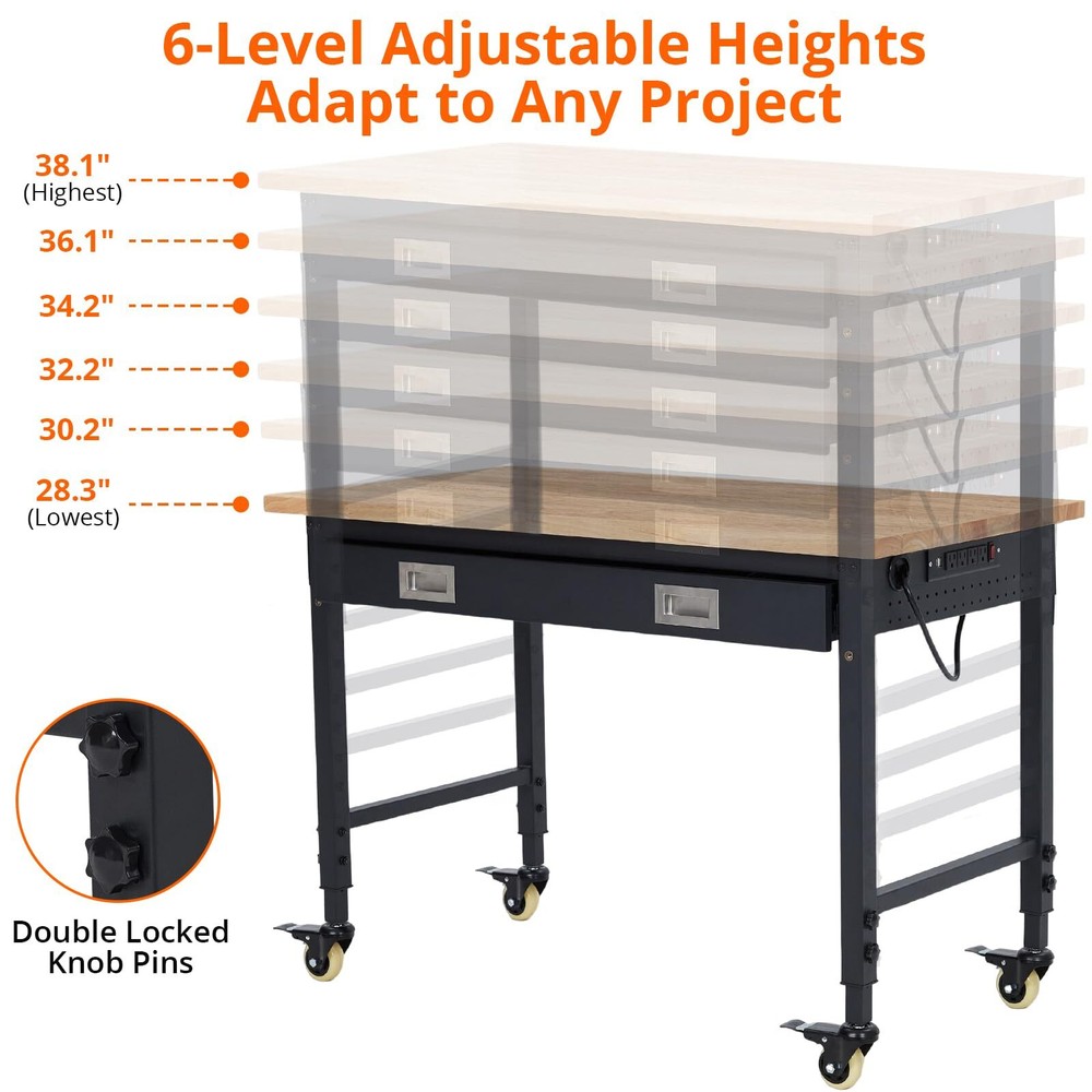 🔥48" Workbench Adjustable Height Workstation with Drawer Storage Backplate 2000