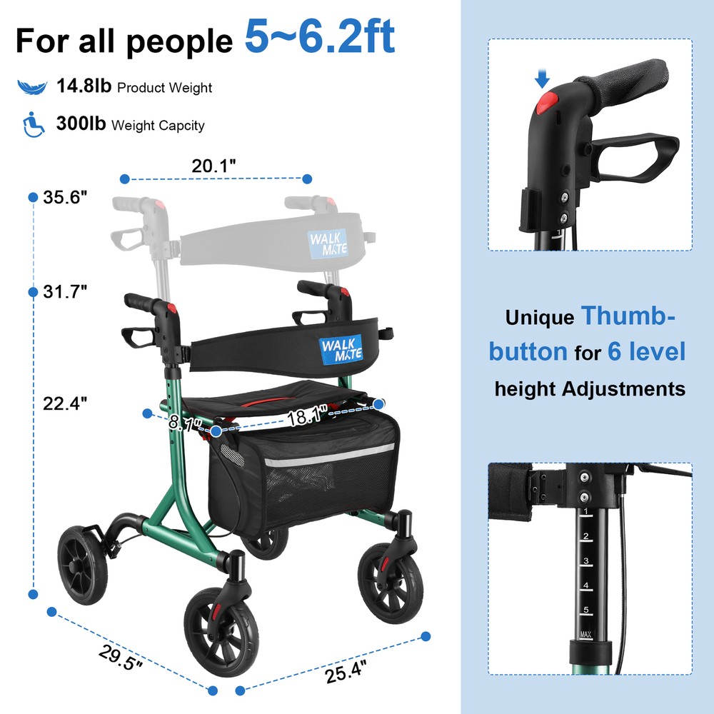 8 inch Wheel Rollator Rolling Walker with Seat for Senior Lightweight Foldable