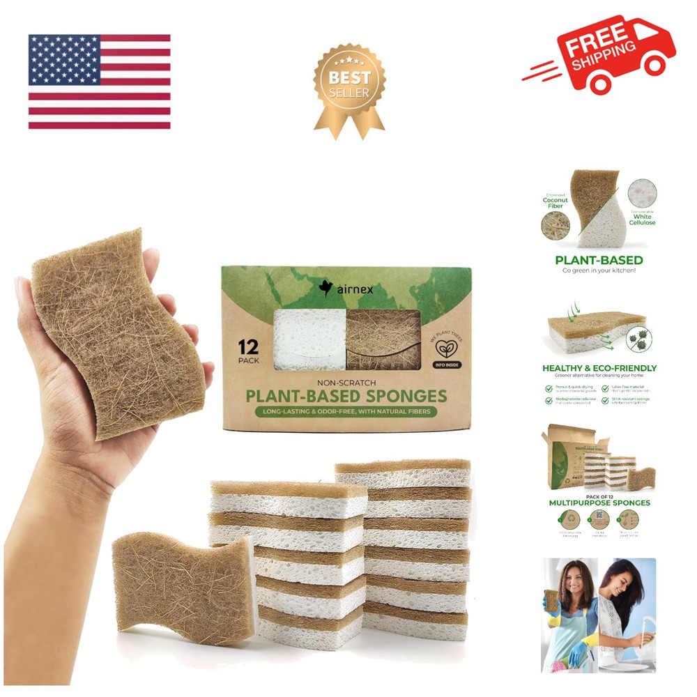 Biodegradable Natural Kitchen Sponge - Compostable Cellulose and Coconut Waln...