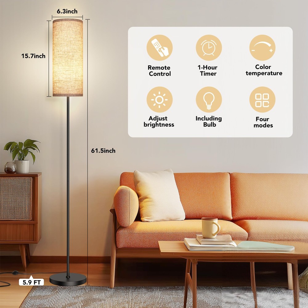 Modern Floor Lamp with Remote Control - Stepless Dimmable LED Bulb, Adjustabl...