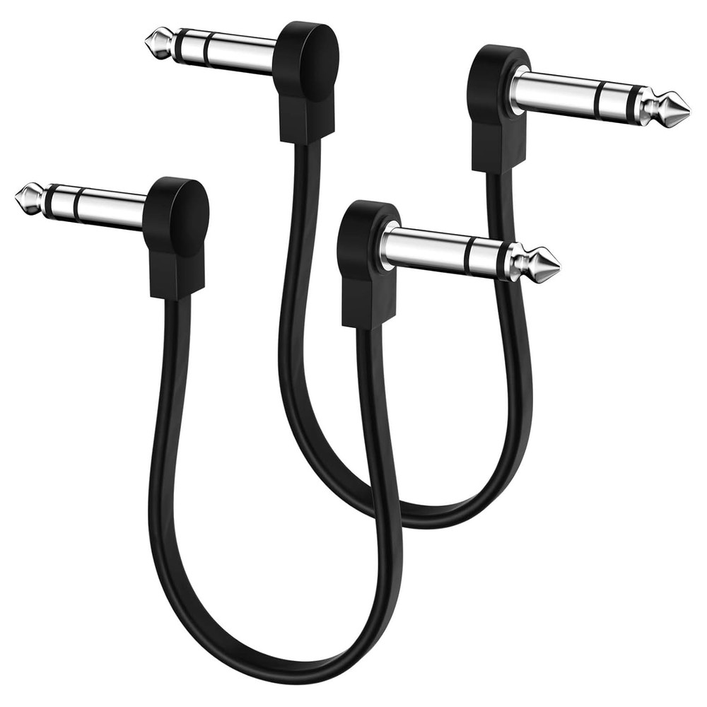 Premium 12-Inch TRS Flat Patch Cables 2-Pack, Low Profile Right Angle, Black