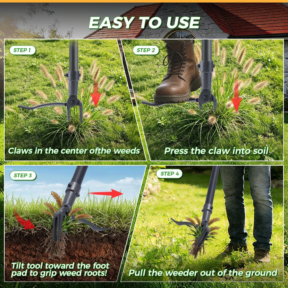 Weed Puller, Stand Up Weed Puller Tool with Steel Long Handle & 4-Claw Steel ...