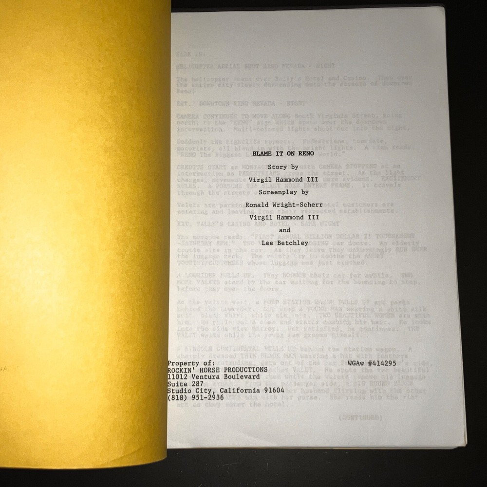 BLAME IT ON RENO (1989) Virgil Hammond / Sammy Davis Jr. Script Presentation+COA