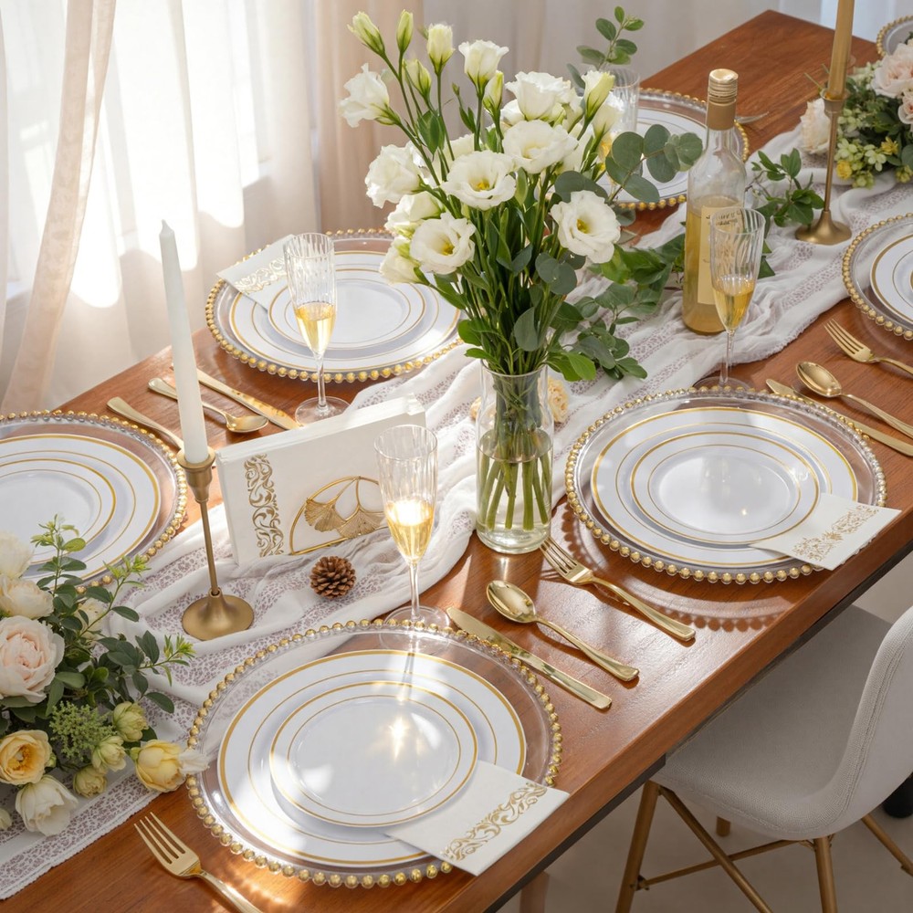 120 Pieces Gold Plastic Silverware - Disposable Flatware Set - Heavy Duty Pla...