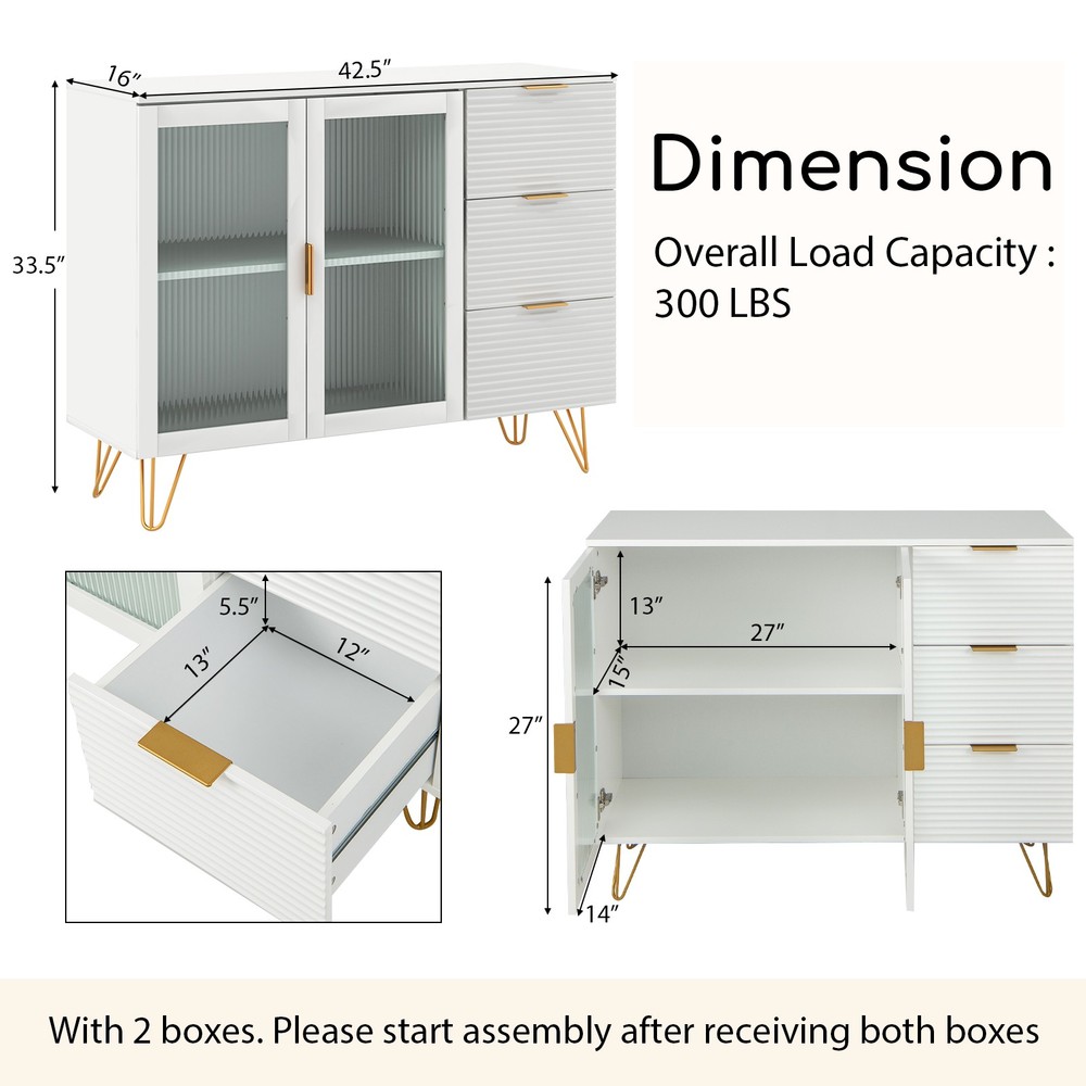 Buffet Server Sideboard w/ 2 Tempered Glass Doors & 3 Drawers for Kitchen White