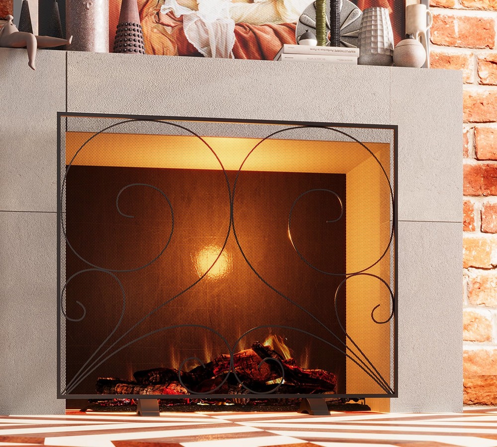 Fire Beauty Single Panel Fireplace Screen Wrought Iron Mesh Guard, H