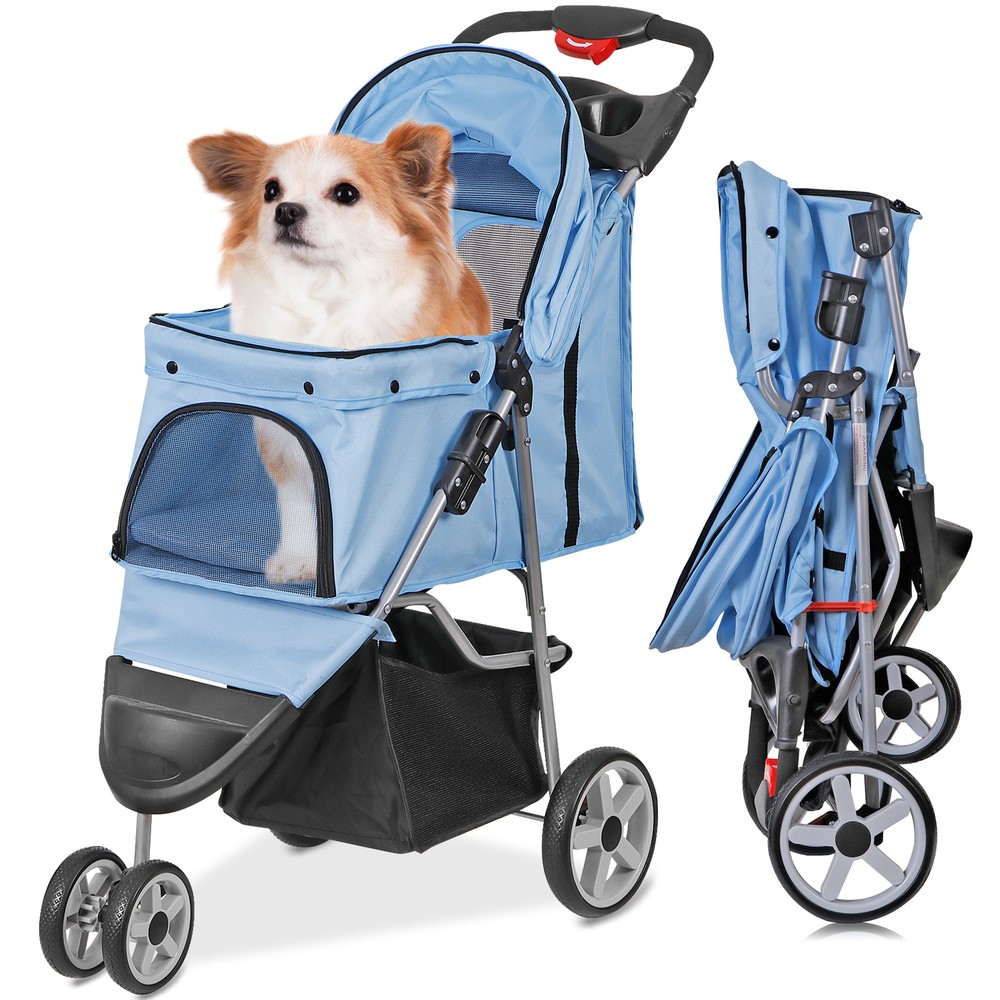 3 Wheels Folding Pet Stroller for Dogs Cats Dog Stroller for Small Medium Blue