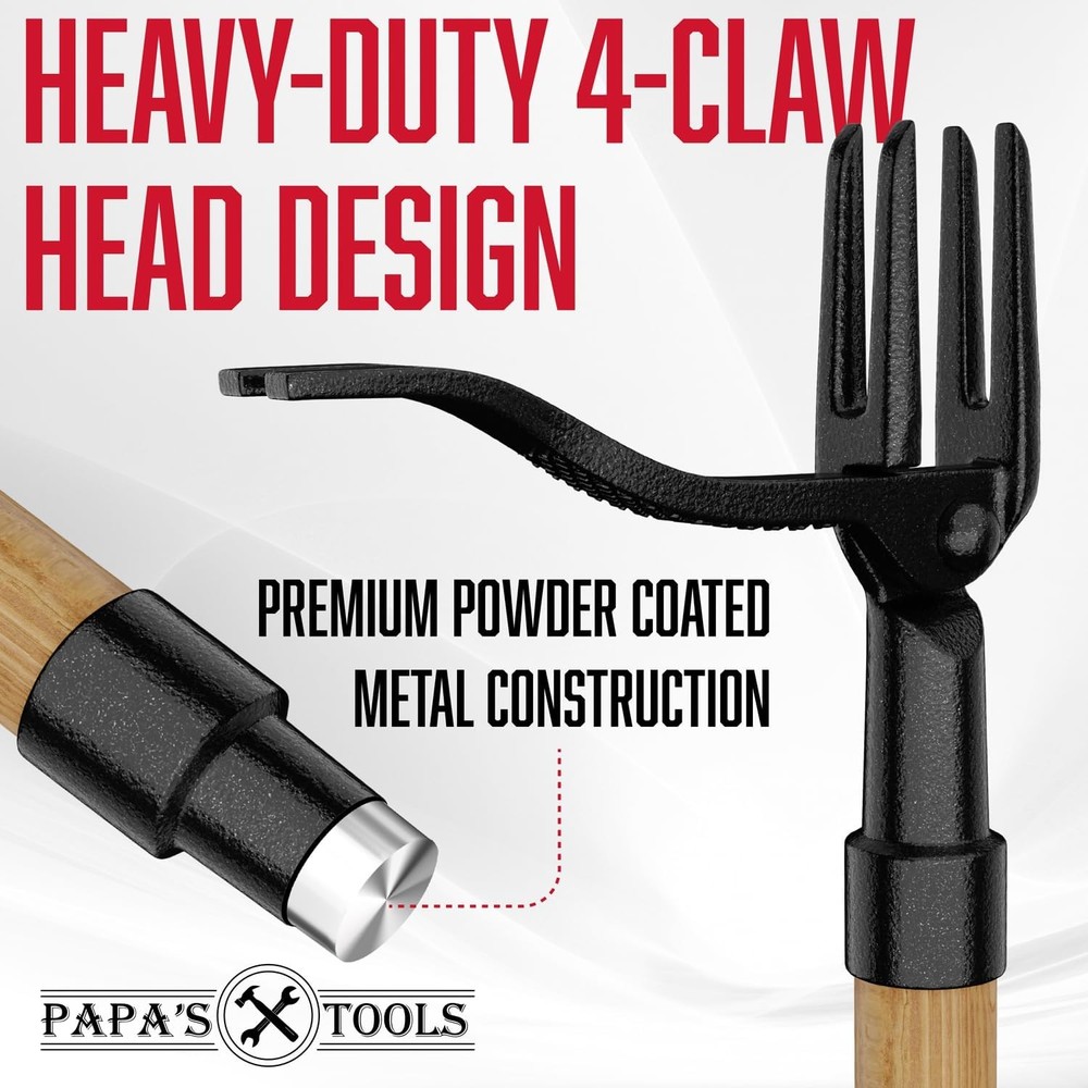 Stand Up Weed Puller Tool w/ Bamboo Handle 4 Claw Steel Head