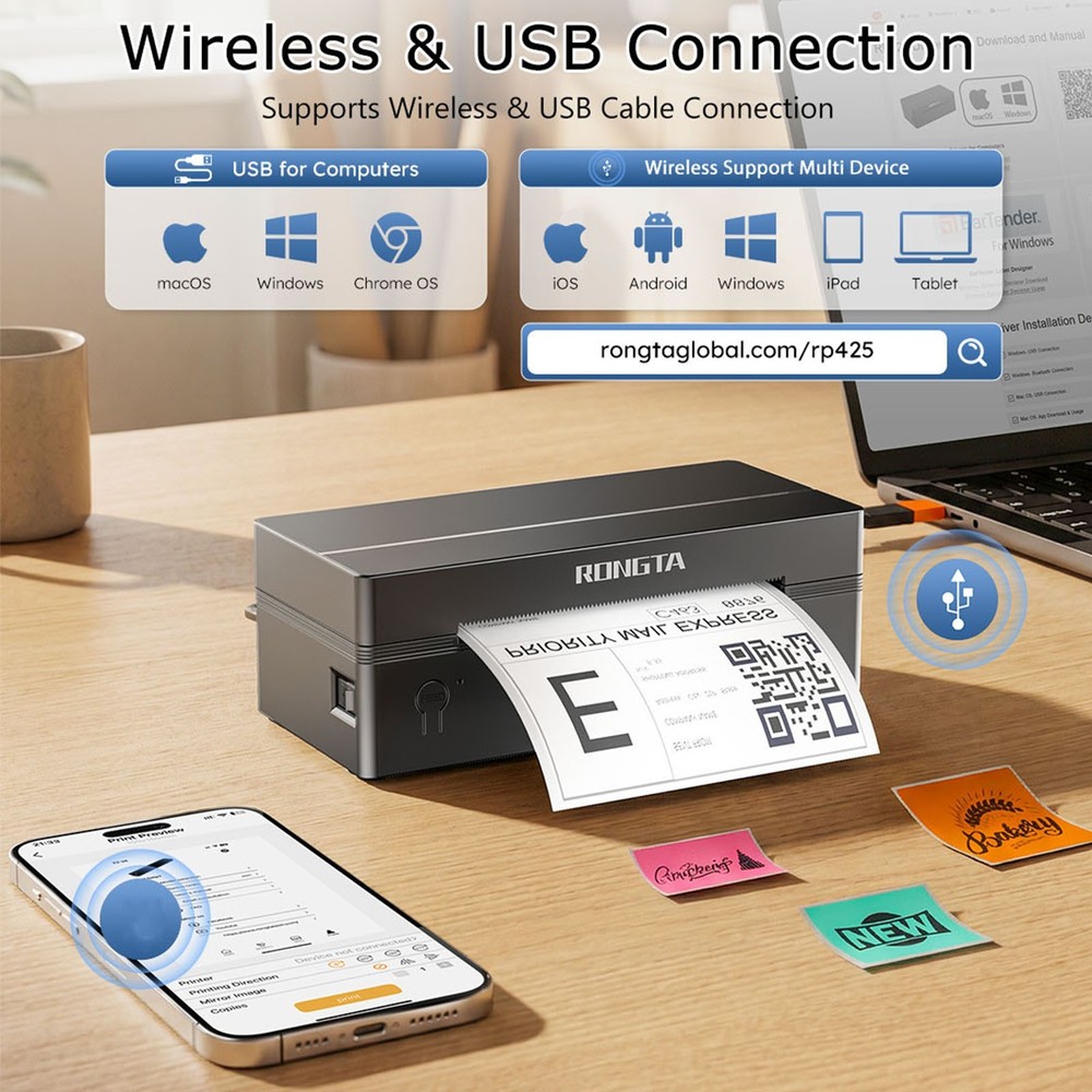 Bluetooth Thermal Label Printer 4x6 Wireless Shipping for iPhone Android PC Mac