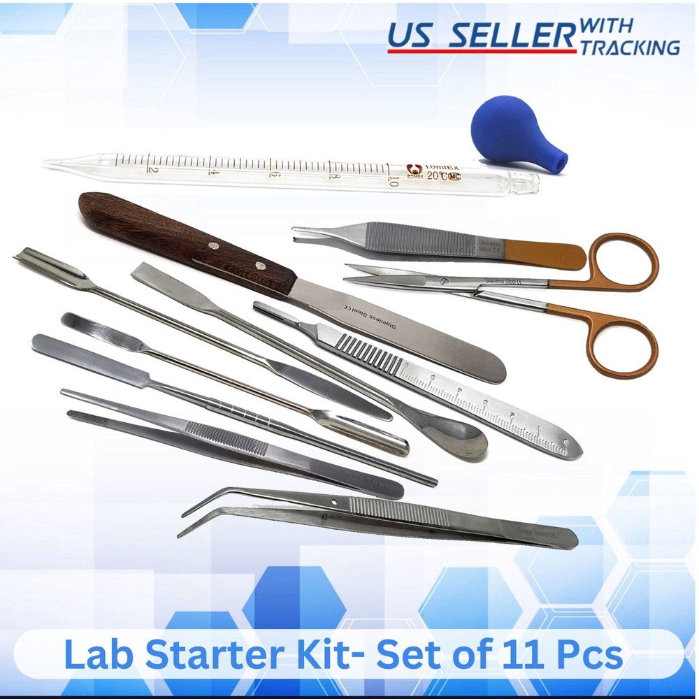 11 Pcs Science Lab Spatula Tweezer Dissecting Scissors Pipette Sampler Set
