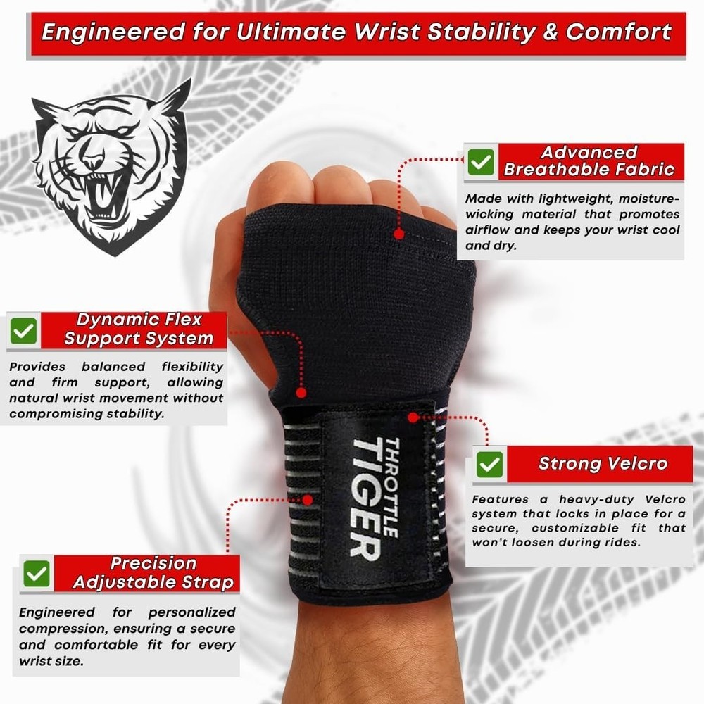 Motorcycle Wrist Brace Adjustable Support Wraps Pain Vibration Reduction- Large