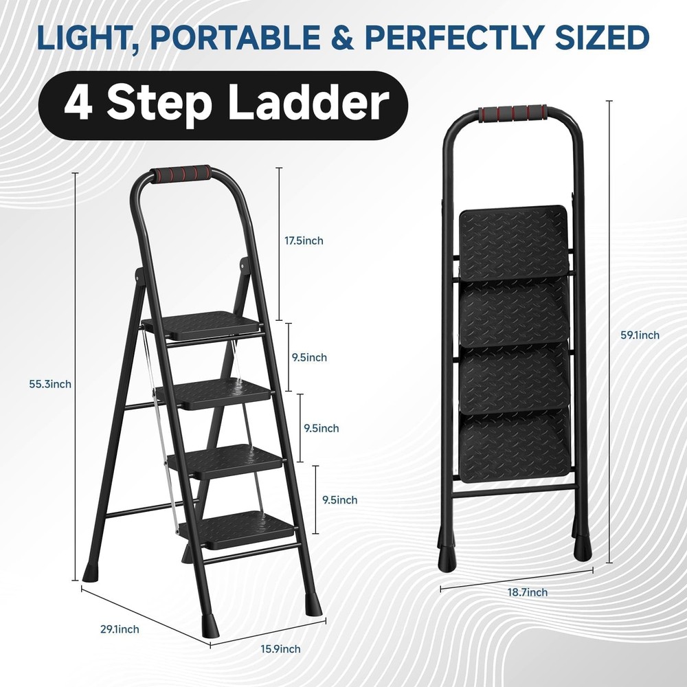 4 Step Ladder, Folding Stool with Wide 4 Step, Dark Carbon Black