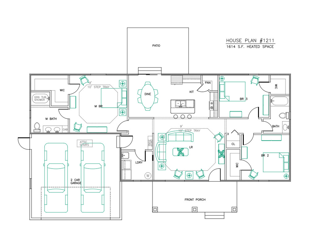 Ranch House Plans 1614 SF 3 Bed 2 Bath Split BR - #1211 Open Floor (Blueprints)