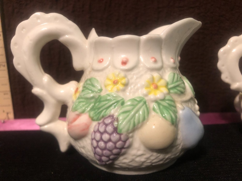 vintage small cream & sugar set fruits ceramic