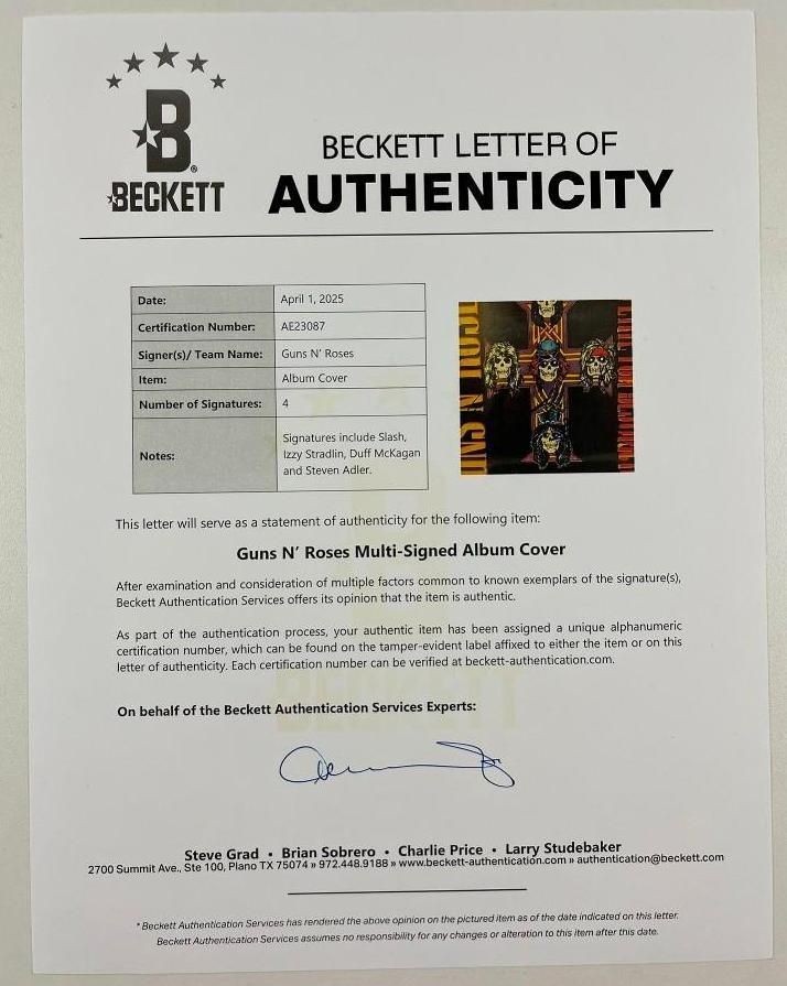 GUNS N ROSES SIGNED APPETITE FOR DESTRUCTION LP X4 COA BECKETT AUTHENTICATION!!