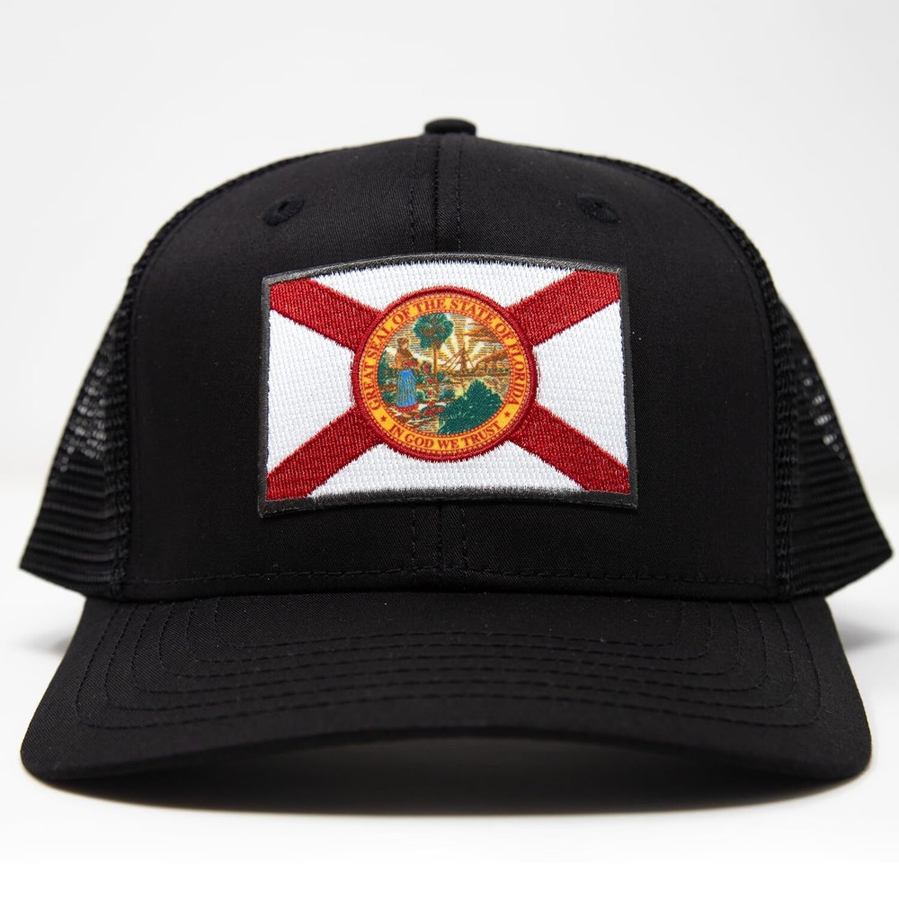 Florida State Flag Hat Adjustable Trucker Cap, Baseball, Snapback (All Black)