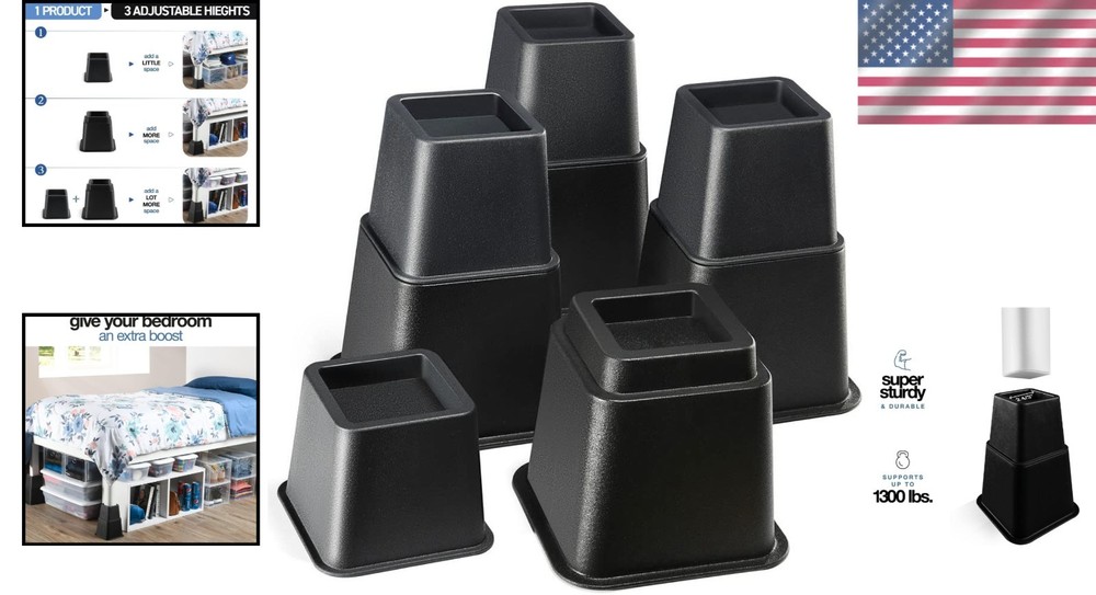 Modern Adjustable Bed Risers – Elevate Your Comfort with Durable Support, 4 Pack