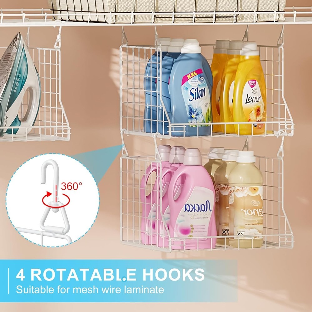 Space-Saving Laundry Organizer with 360° Rotating Hooks - 3-Tier Metal Baskets