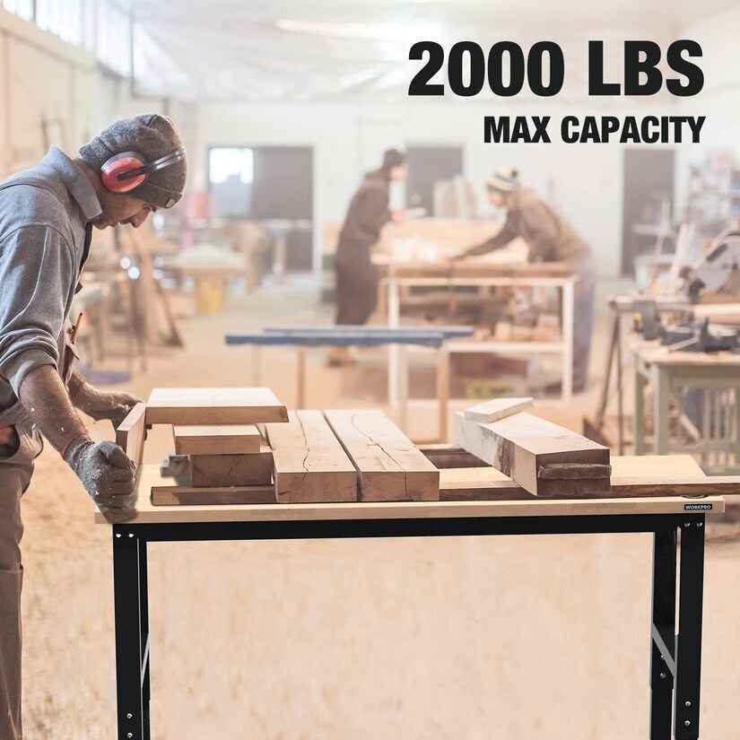 WORKPRO 60" Adjustable Workbench w/2 Pack Metal Pegboard Rubber Wood Workstation