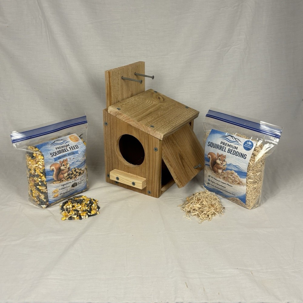Cedar Backyard Squirrel House Nesting Box W Food & Bedding - Fully Installed Box