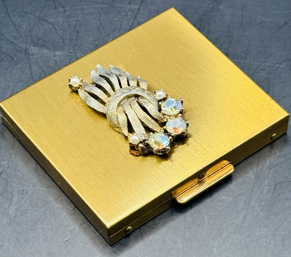 Vintage 1950s Brass Jeweled Compact Mirror Small Rectangular Mirror