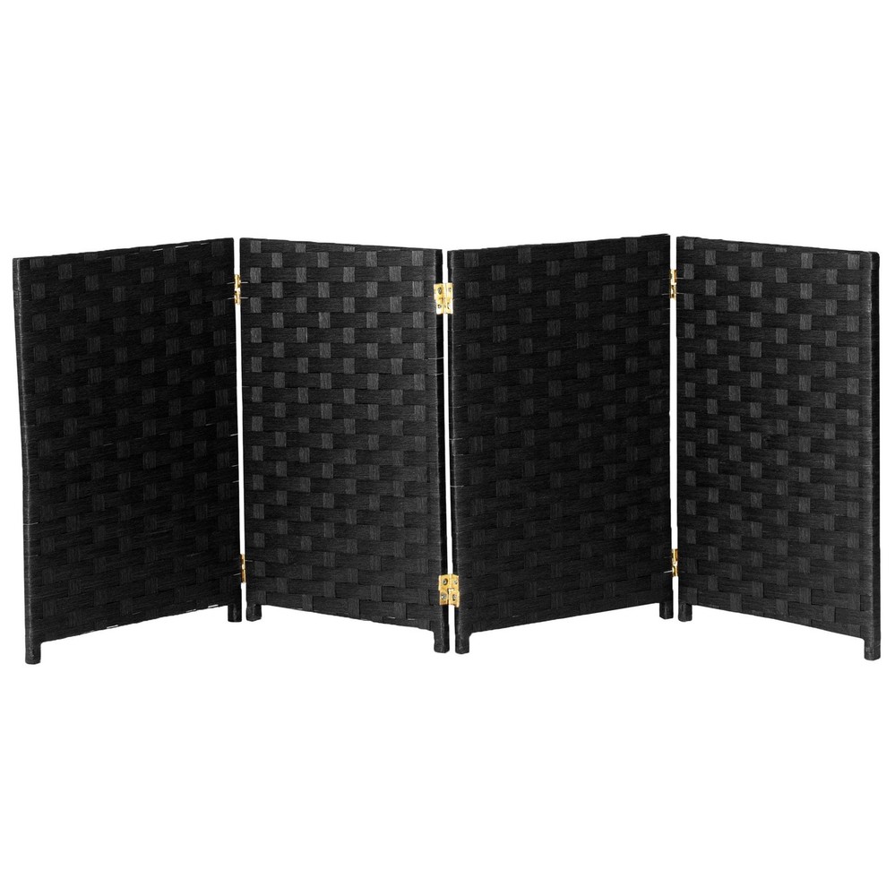 2 ft. Short Woven Fiber Folding Screen - 4 Panel - Black