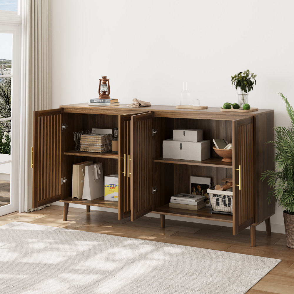 63" Walnut Sideboard Buffet Cabinet w/ 4 Doors, Adjustable Shelves