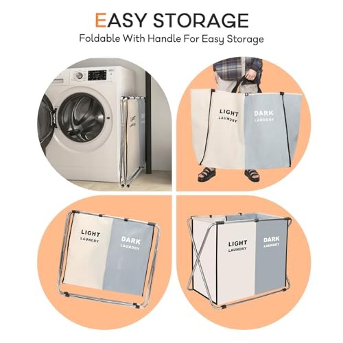 Laundry Cloth Hamper Sorter Basket Bin Foldable with 2 Sections White+gray