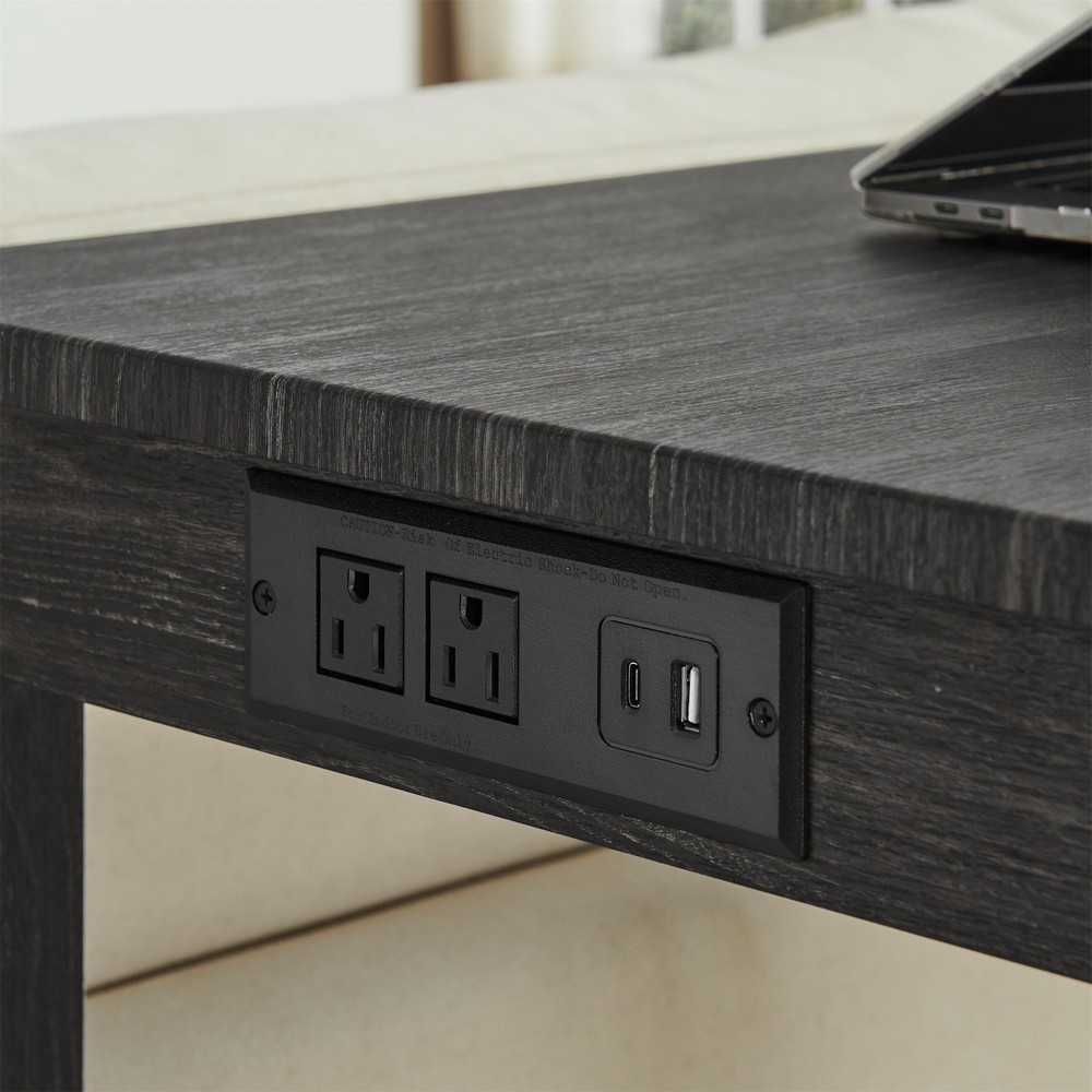 A 4-piece set, a sofa table with power sockets, and 3 upholstered stools