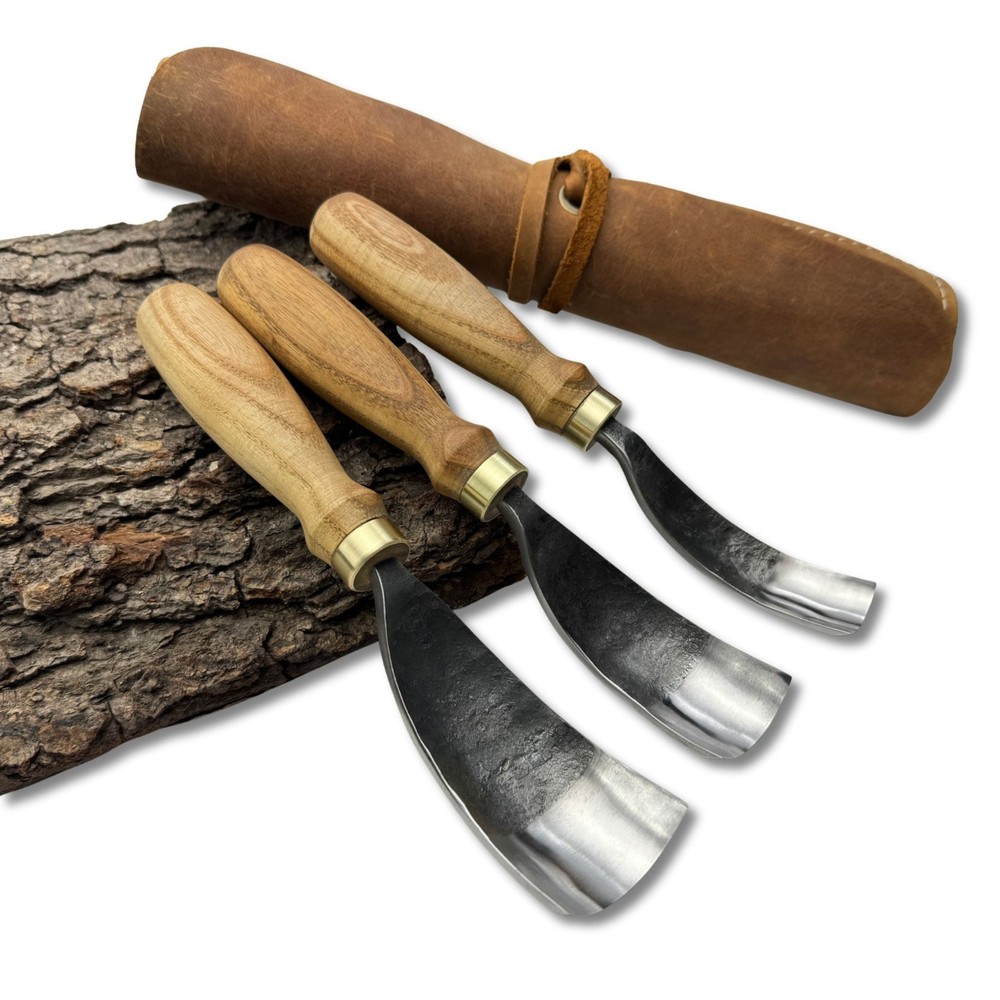 Hand-Forged Bent Gouges – 52100 Steel Blade, Ash Handles, Spoon and Bowl Carving