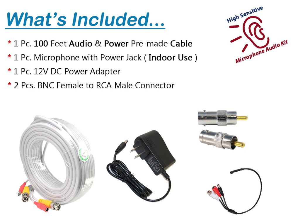 High Sensitive Microphone RCA Audio Mic Cable DC Power, FOR CCTV Security Camera