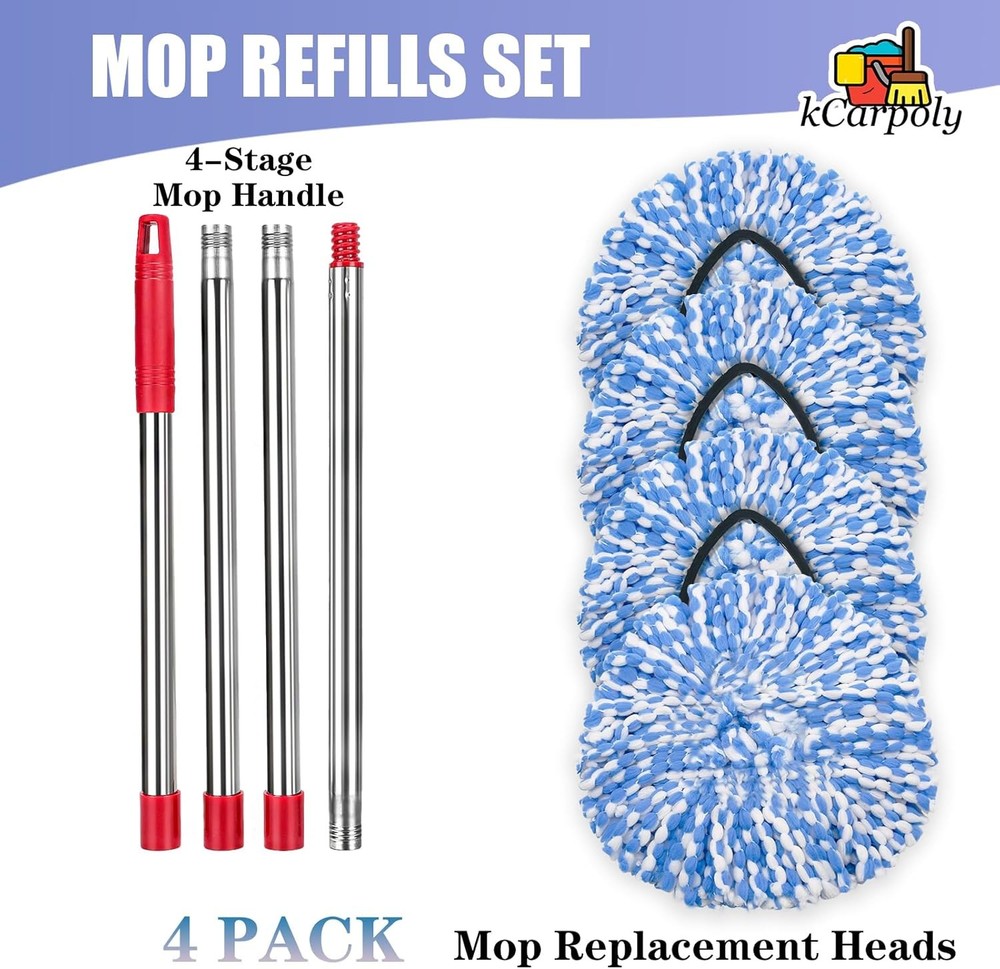 4 Pack Spin Mop Replacement Heads for O Cedar Microfiber Refills WITH Handles