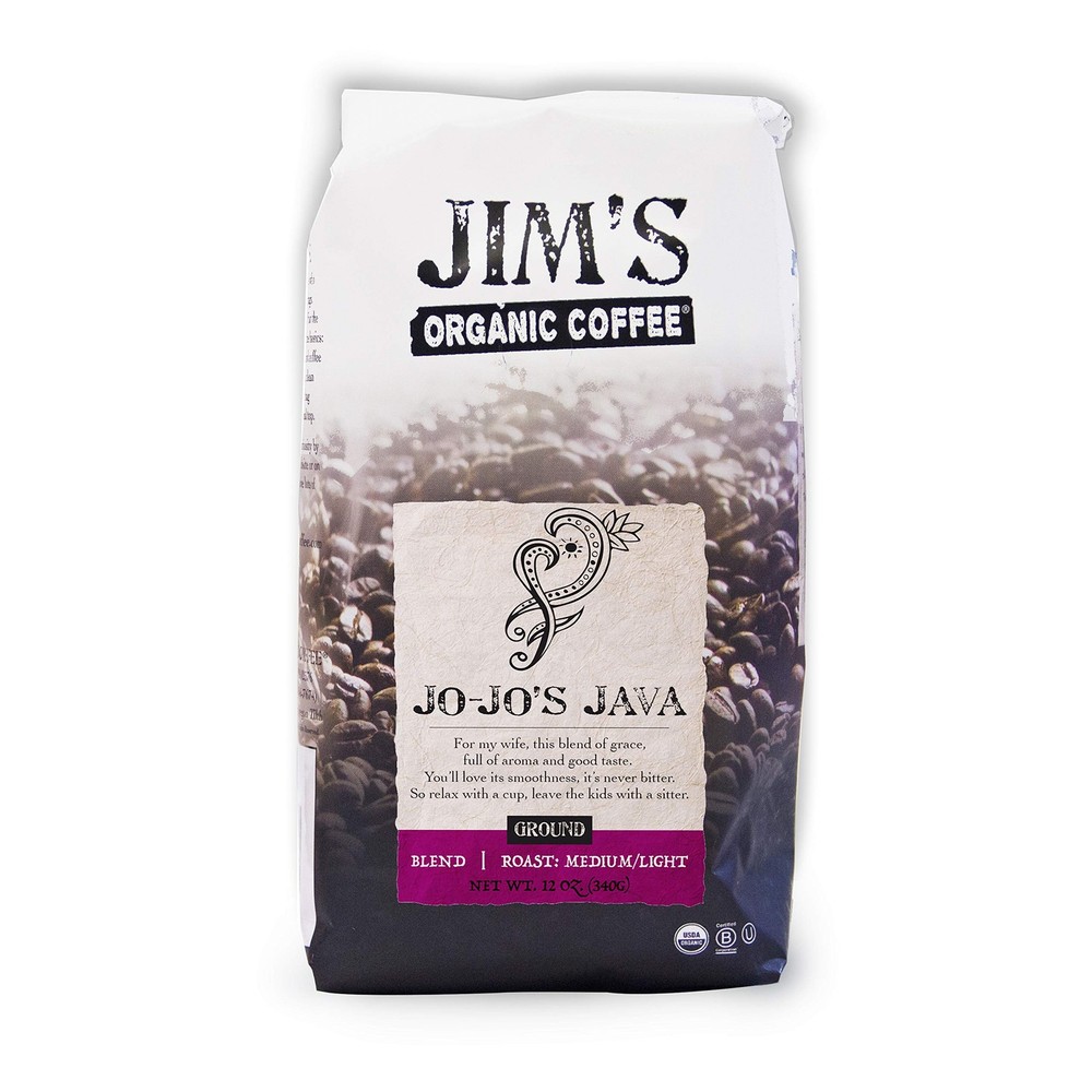 Jim’s Organic Coffee – Jo-Jo’s Java Blend – Medium/Light Roast, Ground Coffee,