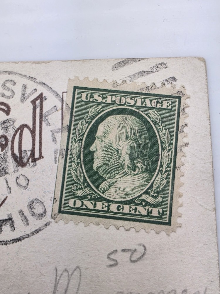 Rare 1910 Benjamin Franklin 1 Cent Stamp Flat Left Edge on Easter Postcard