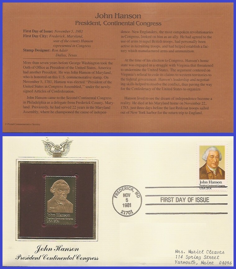 USA2 #1941 ADDR GOLDEN REPLICA FDC   John Hanson