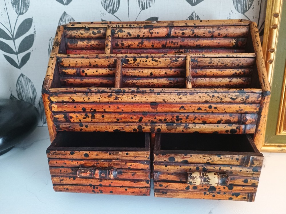 Victorian Bamboo Dark Spotted Desk Organizer Vtg HTF