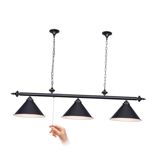 59in Billiard Pool Table Light with Pull Chain Switch on Pendant 3-Light Black